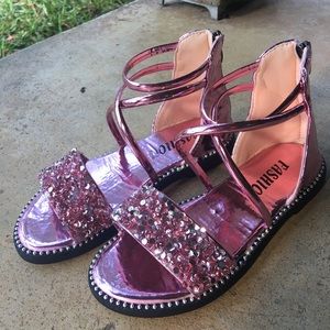 Pink Metallic and Rhinestone Kids Sandals